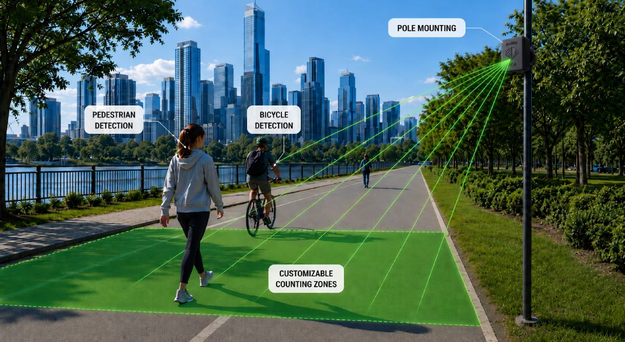SensMax TAC-B EWP zur Zählung von Fußgängern und Fahrrädern im Außenbereich mit Mastmontage